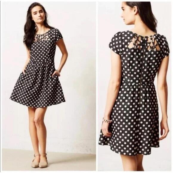 Maeve Dresses & Skirts - Anthropologie x Maeve Nikola Lattice Dress Polka Dot Size 6 Black White
